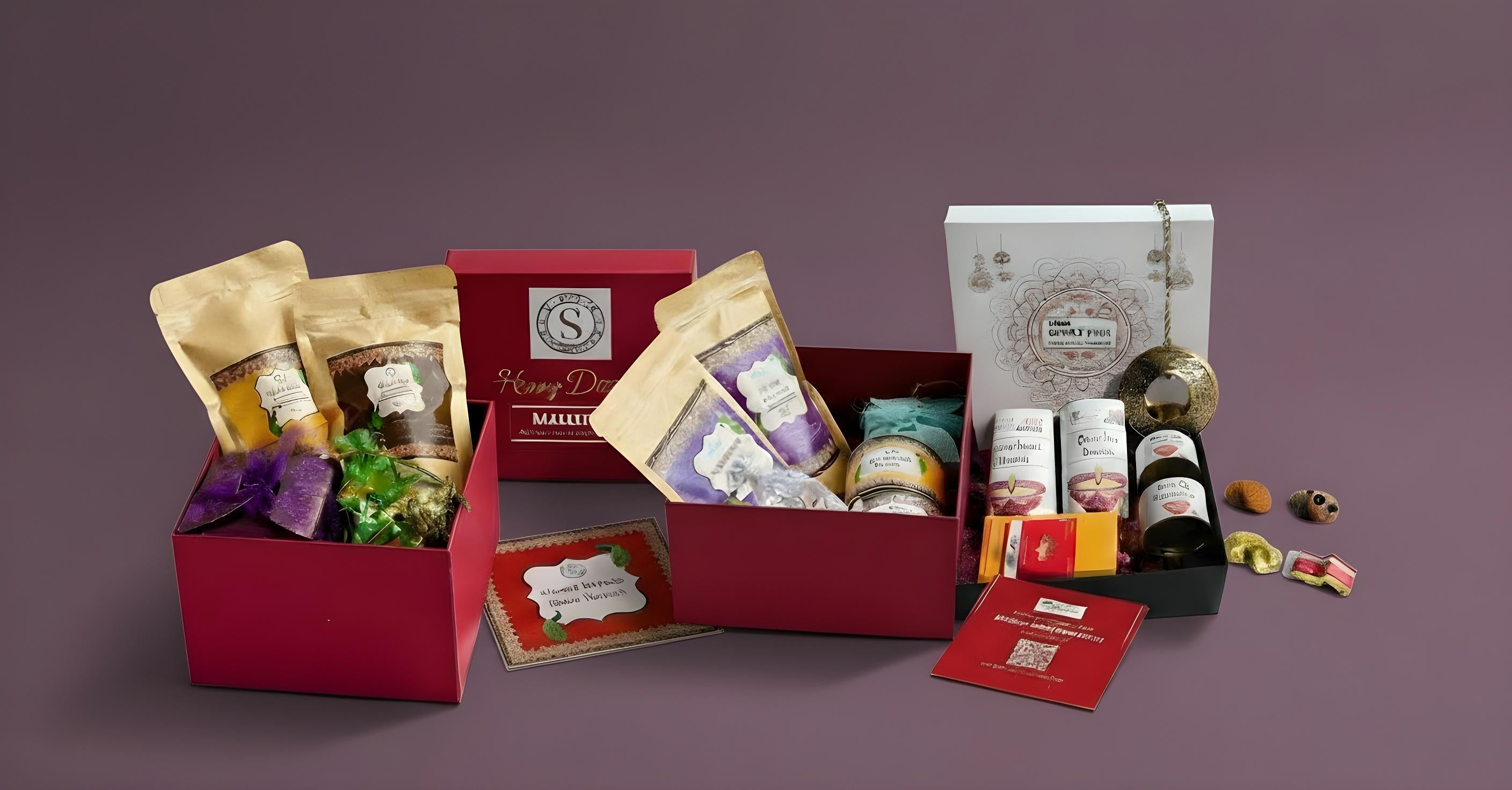 Gourmet gift box with various items on a purple background