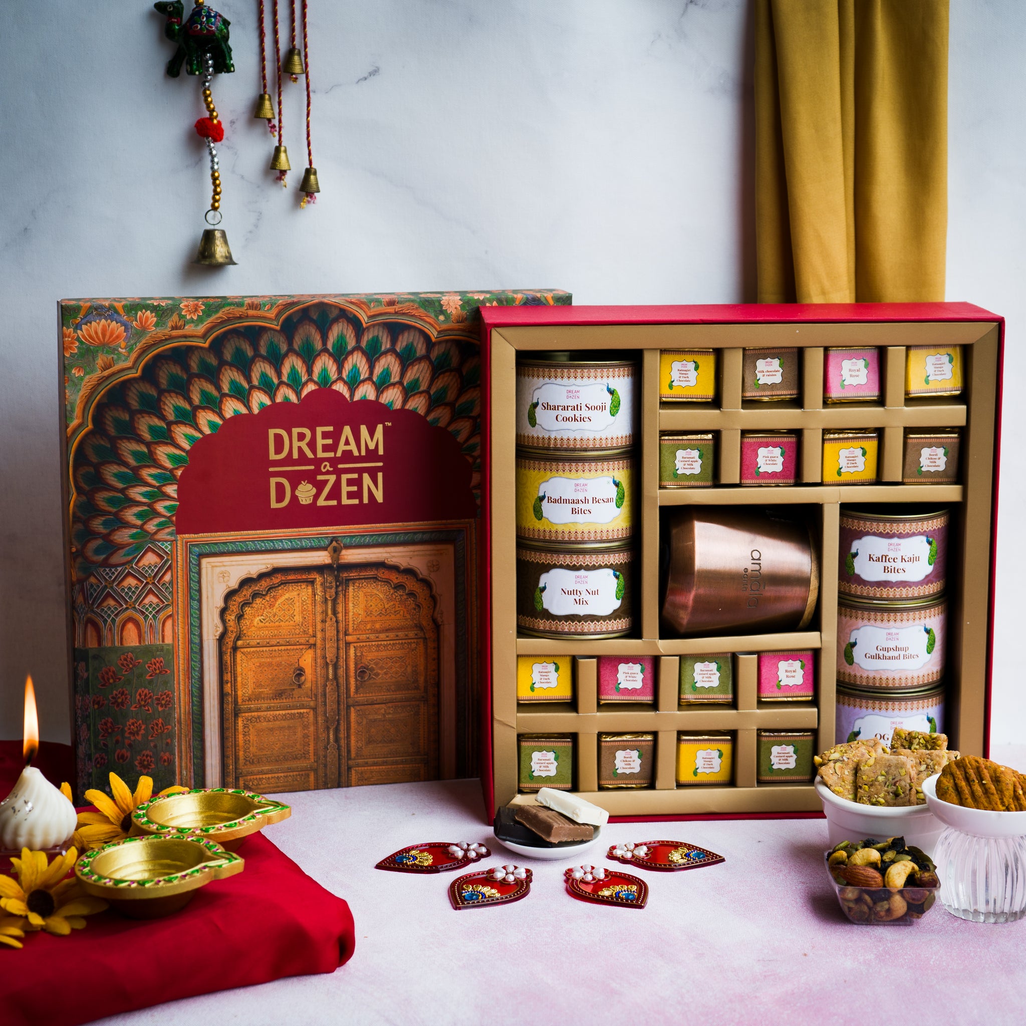 Corporate Diwali Gift Hamper - Box of Royal Treats - taken from a straight angle, featuring desi-fusion cookies inspired by age-old traditional Indian sweets like Besan laddoos