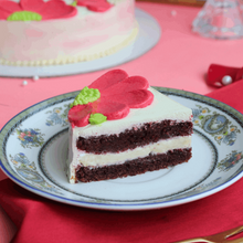 Load image into Gallery viewer, red velvet cake. floral cake. dream a dozen. pretty cakes. theobroma. Aubree. Bangalore cakes. Bengaluru. home delivery. cakes. chocolate cakes. yummy cakes. delicious cakes. best cakes in Bangalore. beautiful cakes. cake slices
