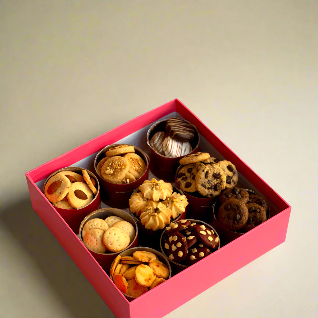 Assorted cookies in a red box with gold ribbons on a light background