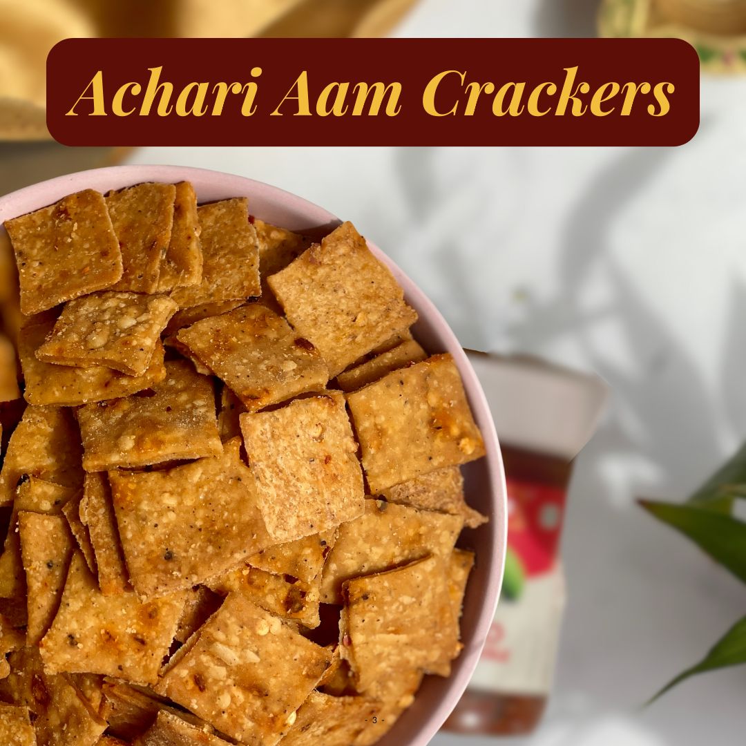 Chatpata taste of pickle, nostalgic and added to crackers to be elevated as a midnight snack on gourmet levels