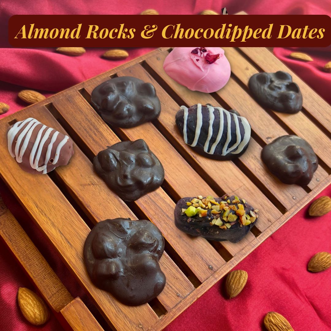 Elegant choco-dipped dates and almond rocks in various designs and flavours