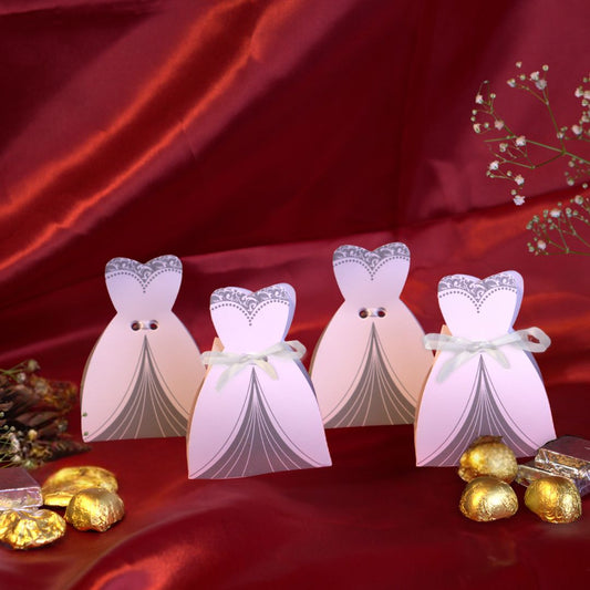 Stylish bridal dress-themed chocolate gift boxes – a perfect wedding or bridal shower favor, featuring a pack of 4 premium chocolates.