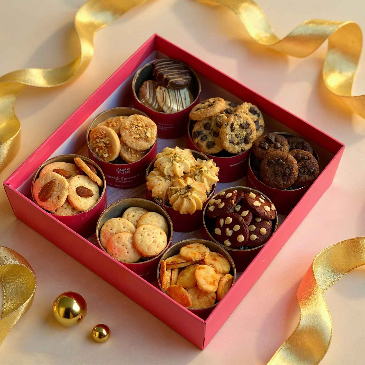 Assorted cookies in a red box with gold ribbons on a light background
