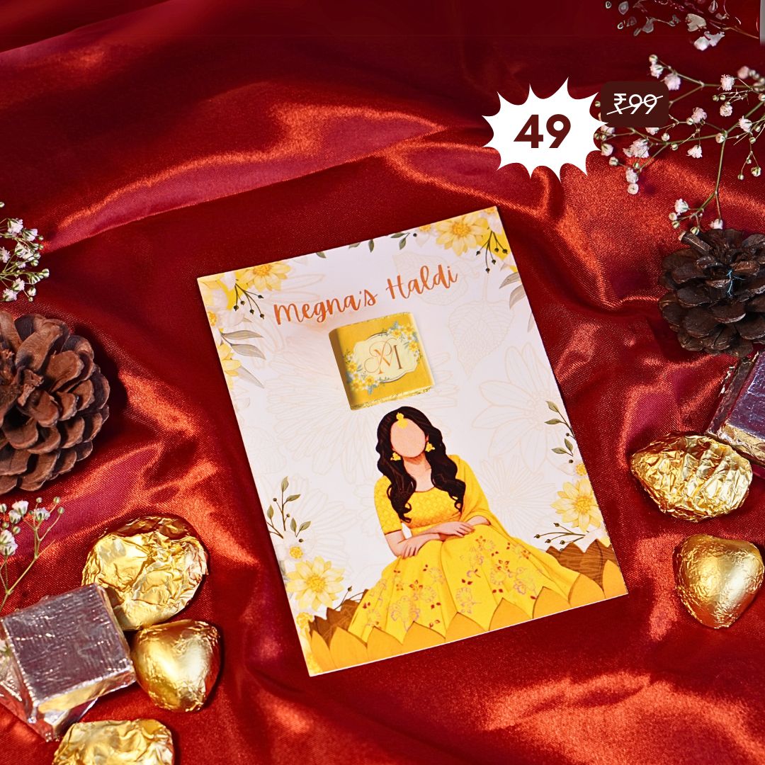 Personalised haldi gifts, customised chocolate with stickers for return favours at your wedding