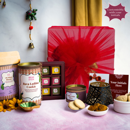 straight shot of wedding gift hamper, customizable hamper, personalized hamper , wedding return gift, family return gift, gift for in-laws. This premium hamper brings together the rich, nostalgic taste of india's finest flavours. 