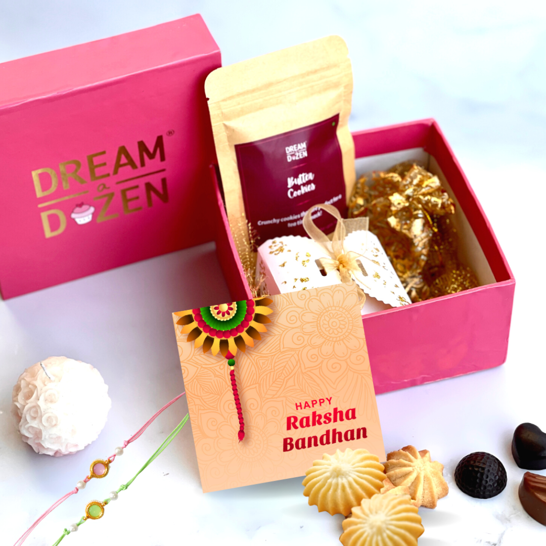 Hamper. Rakhi. Raksha Bandana. Cookies. Chocolates. Scented Candle. Gift Box. Rakhi Gift. Siblings. Gourmet. Greeting Card.