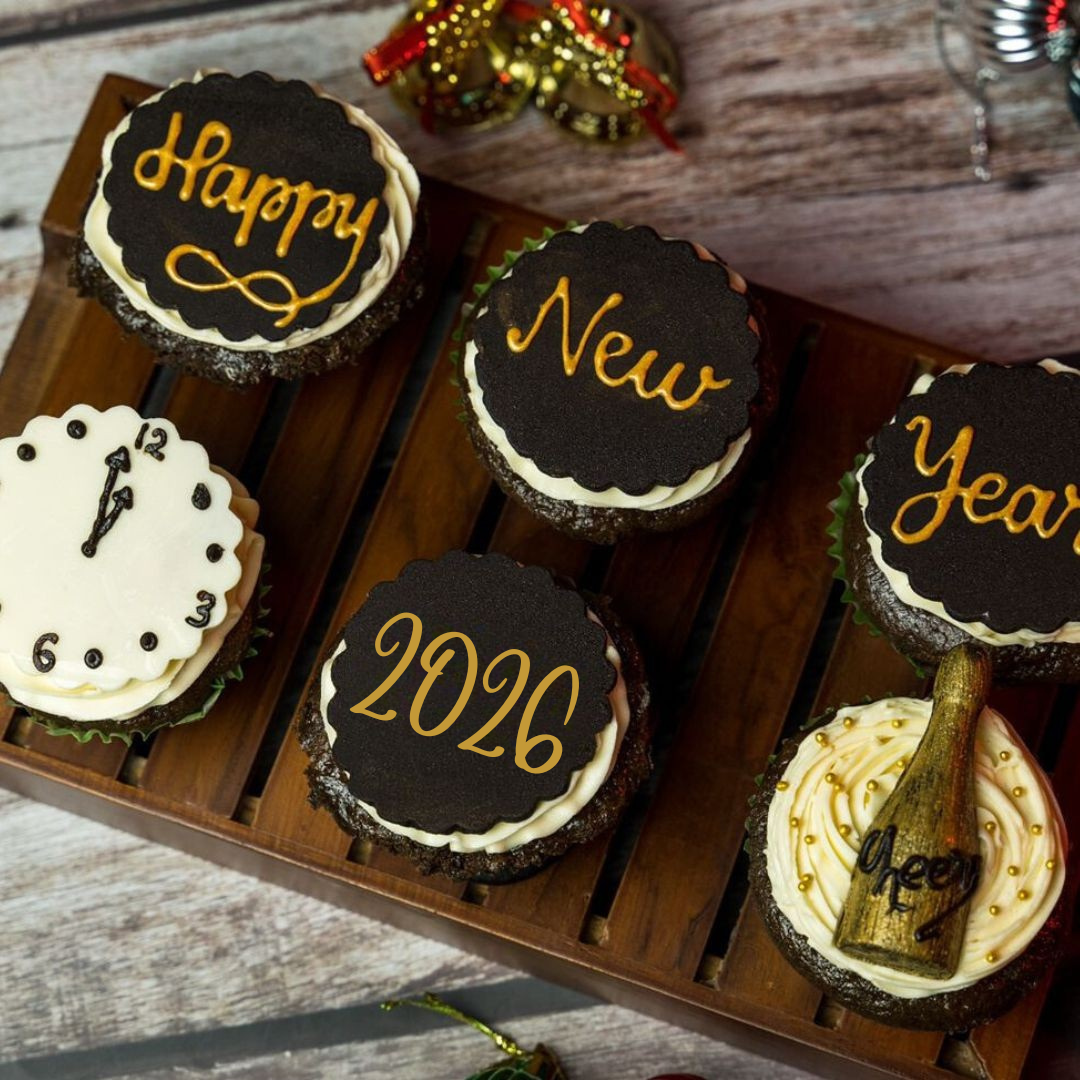 top shot of our best new year cupcakes. perfect for new year celebrations, be it at home with loved ones or in office
