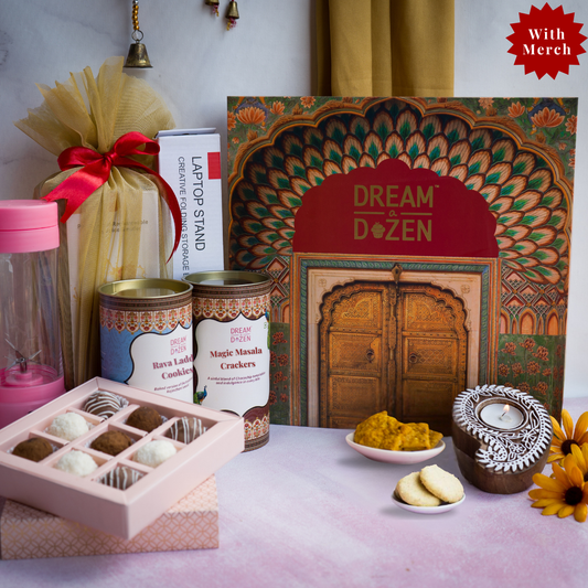 A straight shot of our Jaipur Gate Palace Design 12-inch box hamper with desi nostalgic flavours and merchandise, perfect for Diwali employee gift hamper under 3500