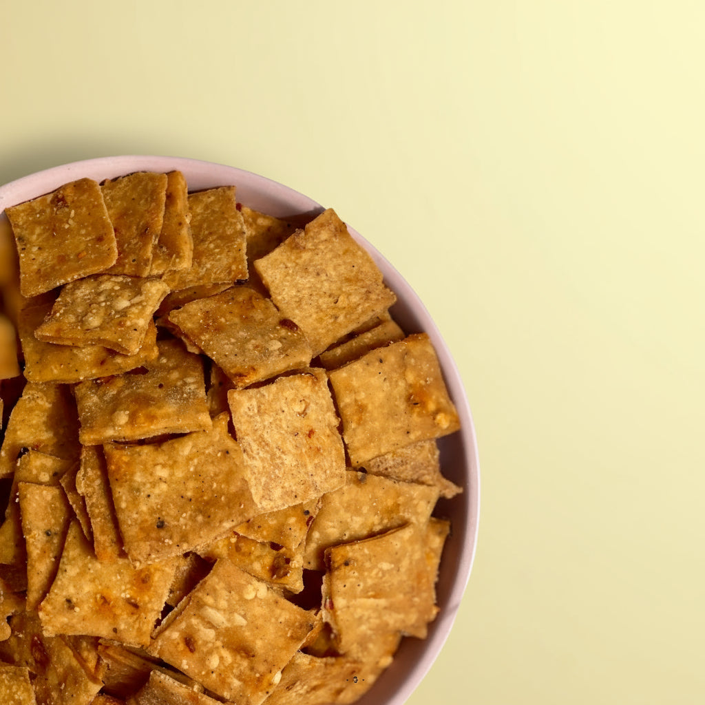 Desi gourmet crackers inspired by Indian savoury flavours and pickles with a shelf life of 45 days and can be shipped PAN India
