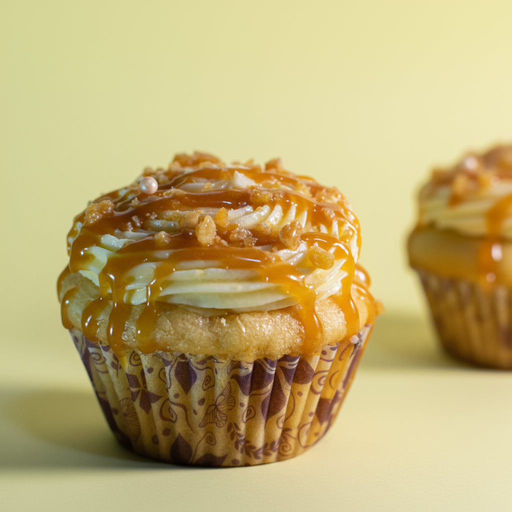 Cupcake with caramel topping on a yellow background