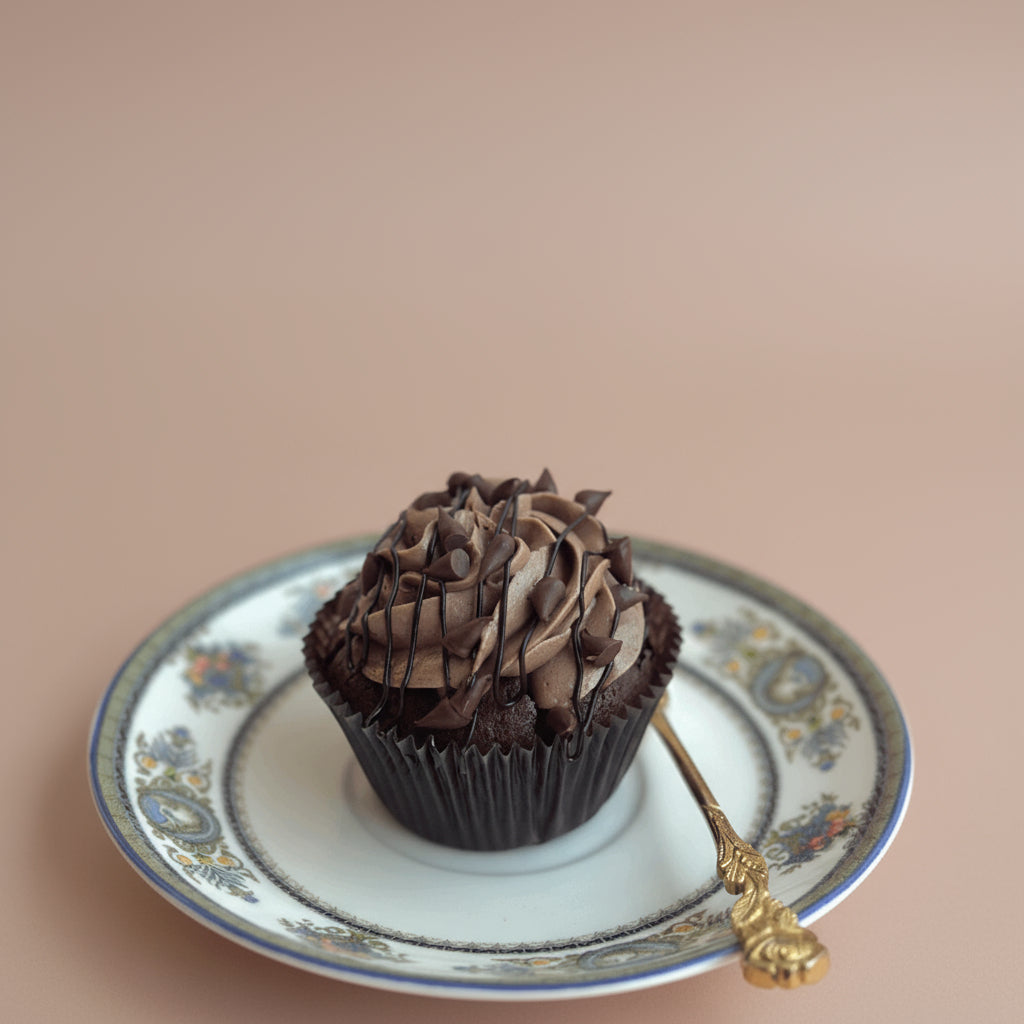 Chocolate cupcake on a decorative plate with a gold spoon against a pink background