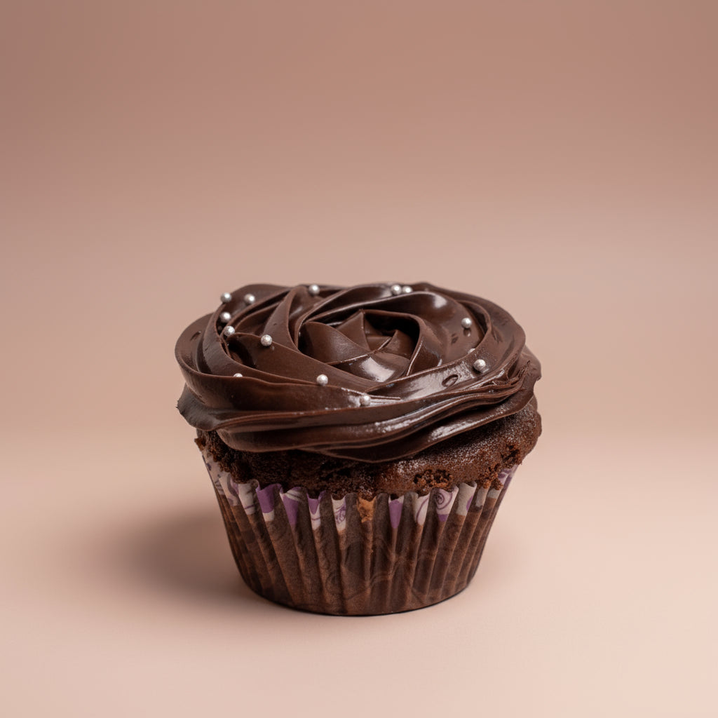 Two chocolate cupcakes with frosting on a beige background