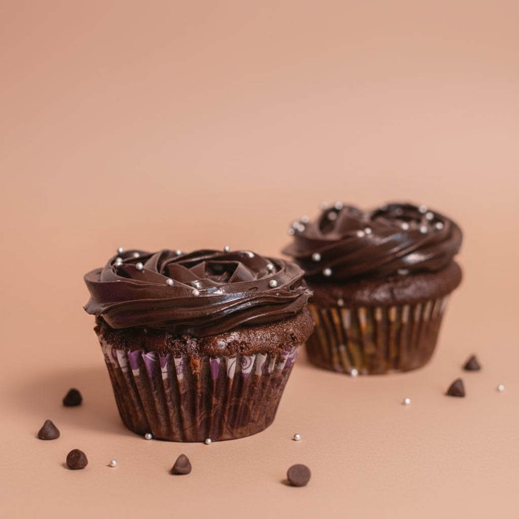 Two chocolate cupcakes with frosting on a beige background