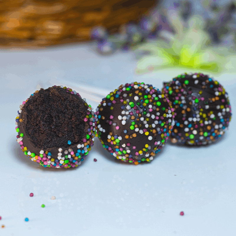 Fudgy, eggless, chocolate cake pop with sprinkles!