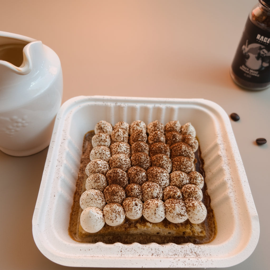 Coffee Tres leches with some coffee pouring on it