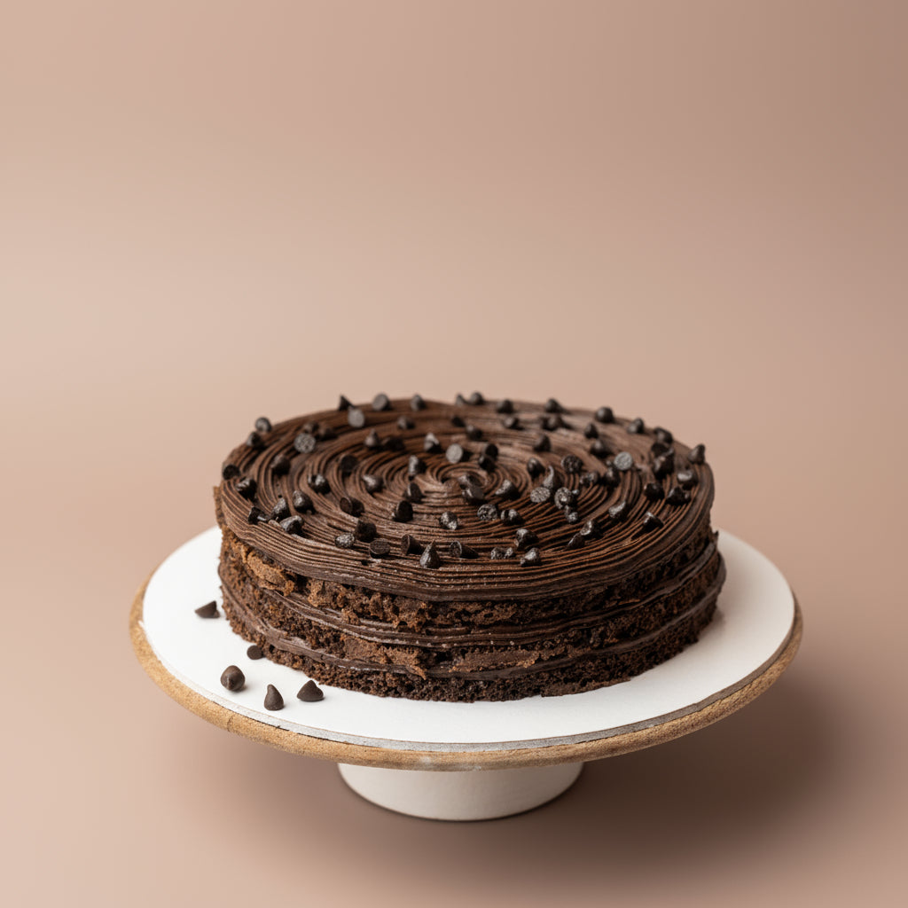 Chocolate cake with chocolate chips on a white cake stand against a beige background
