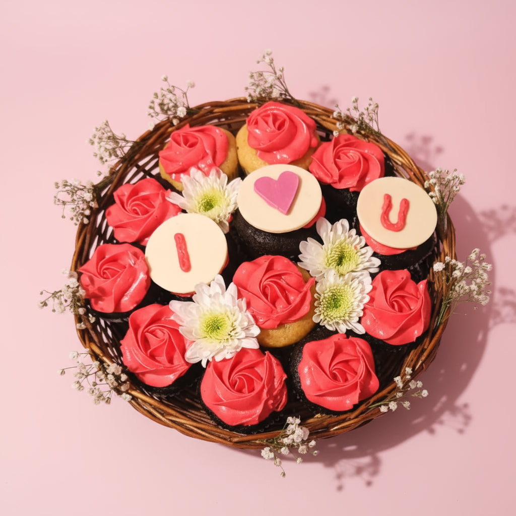 A floral cupcake basket with pink frosting and I love You message