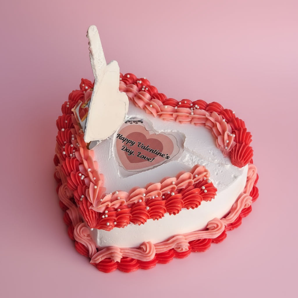 Heart-shaped cookie with 'LOVE' decoration on a light pink background