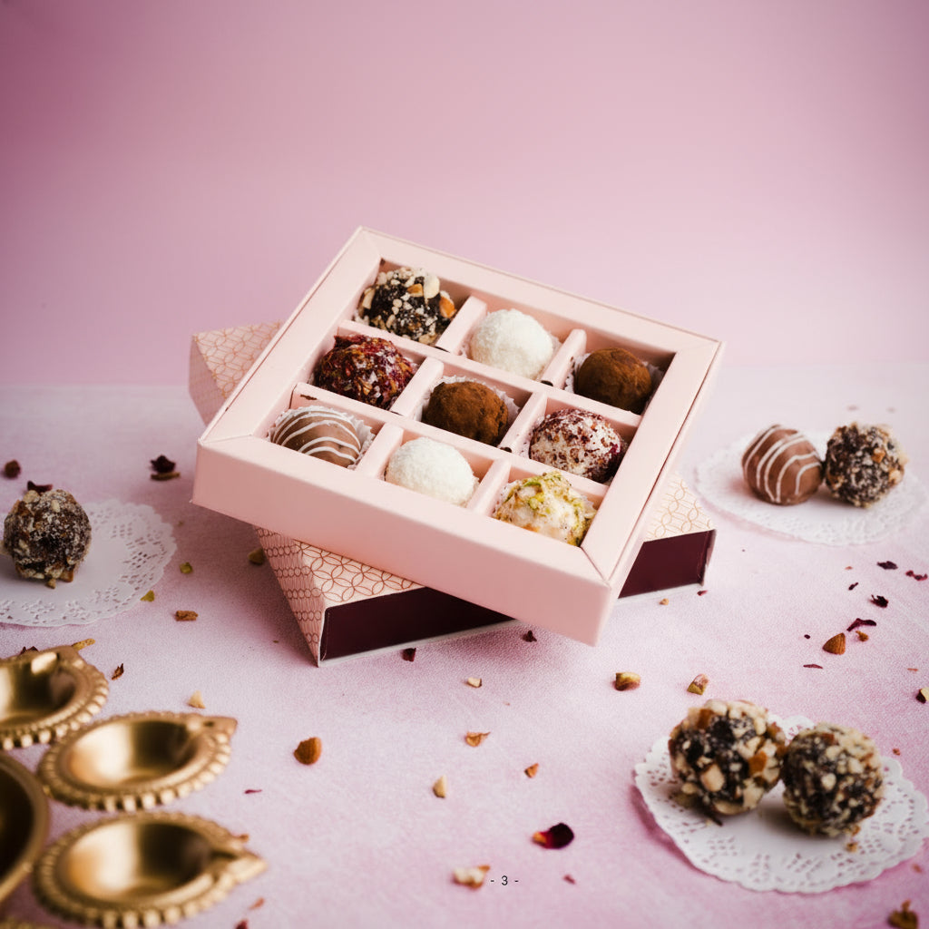 a straight shot of our wedding hamper gift - Box of Maharani truffles with coconut shavings in a pink cavity box costing just ₹360- royal, elegant and desi. personalised card and nine different flavoured delights. best wedding gift and return gift for weddings. personalised wedding gift