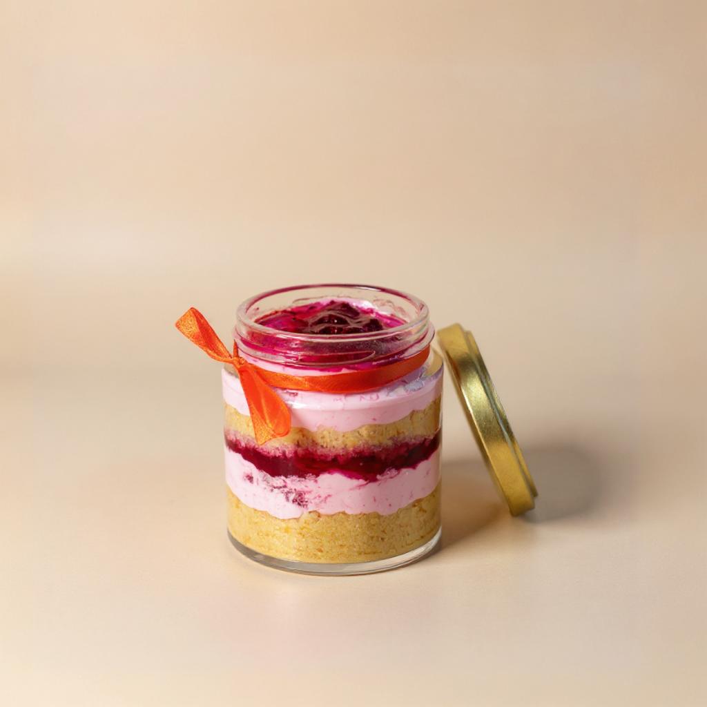 Layered berry dessert in a glass jar with a gold lid on a beige background