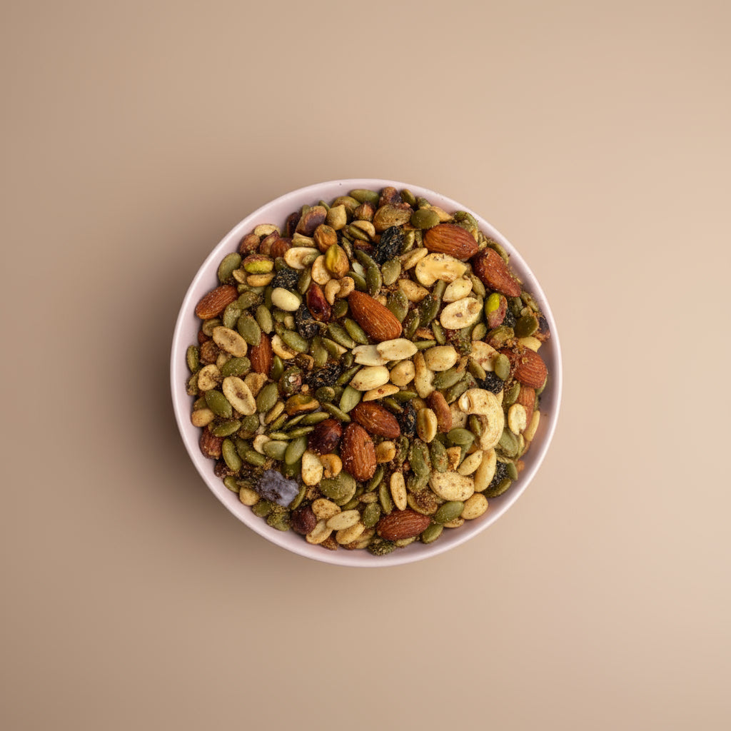 Assorted nuts and seeds in a white bowl on a beige background