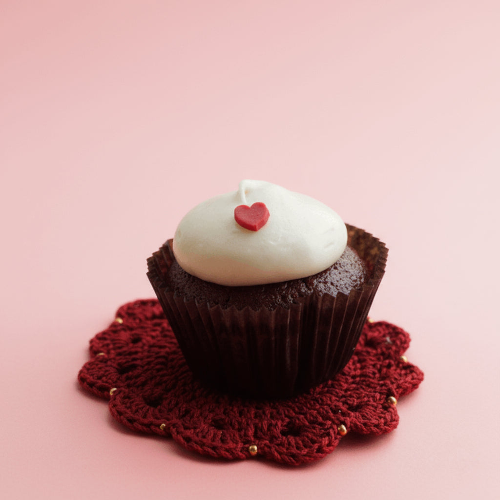 Chocolate cupcake with white frosting and a red heart on a red lace doily against a pink background