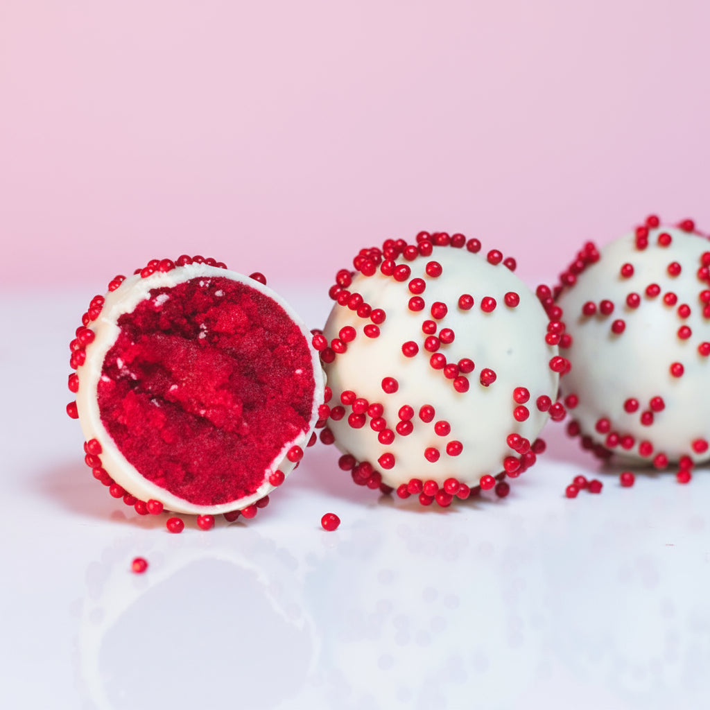 Red velvet cake sponge rolled into red velvet cake pops