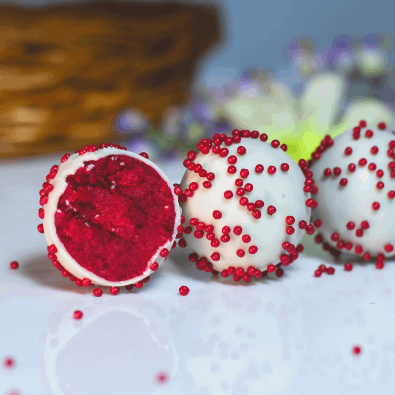 Red velvet cake sponge rolled into red velvet cake pops