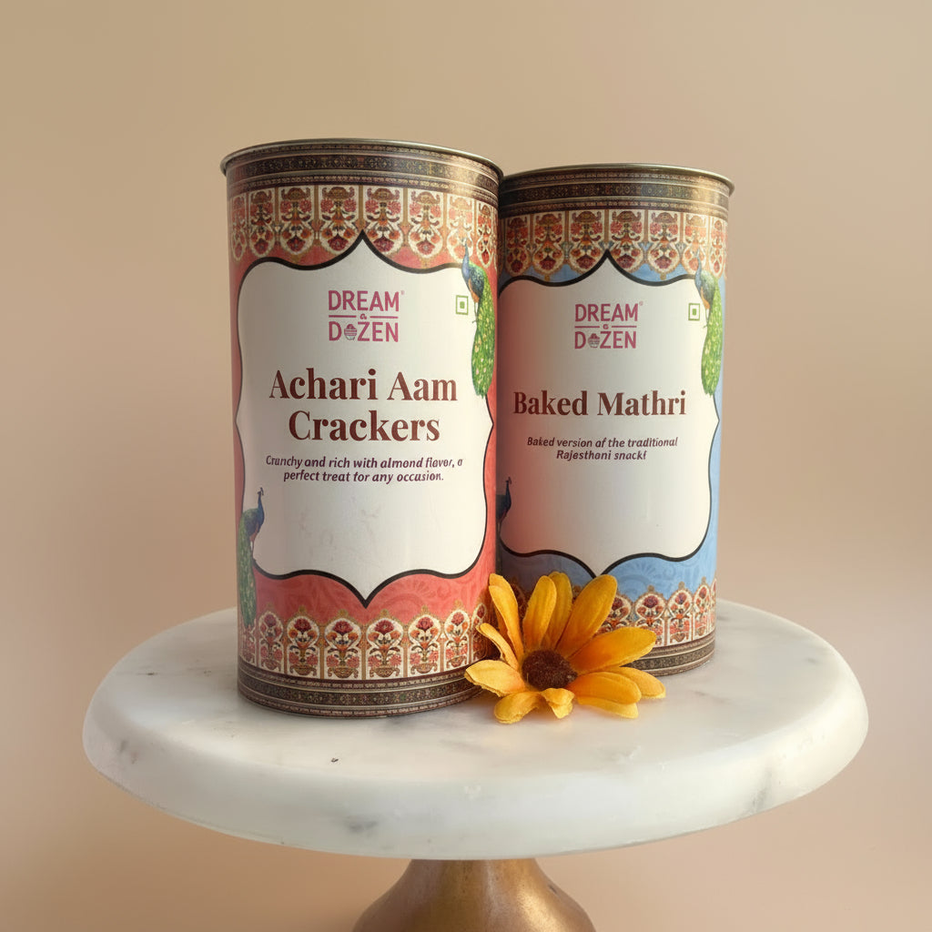 Desi gourmet crackers inspired by Indian savoury flavours and pickles with a shelf life of 45 days and can be shipped PAN India