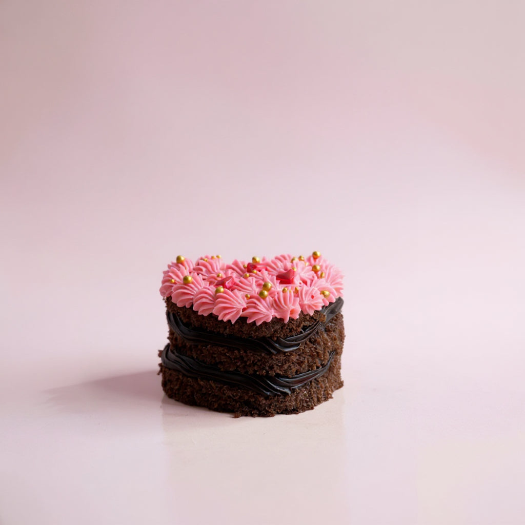 Small cake with pink frosting and chocolate accents on a light pink background