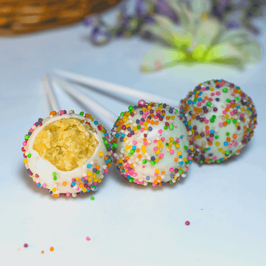 Vanilla cake pops with rainbow sprinkles on top. Delicious. Best cake pops. Bangalore. 