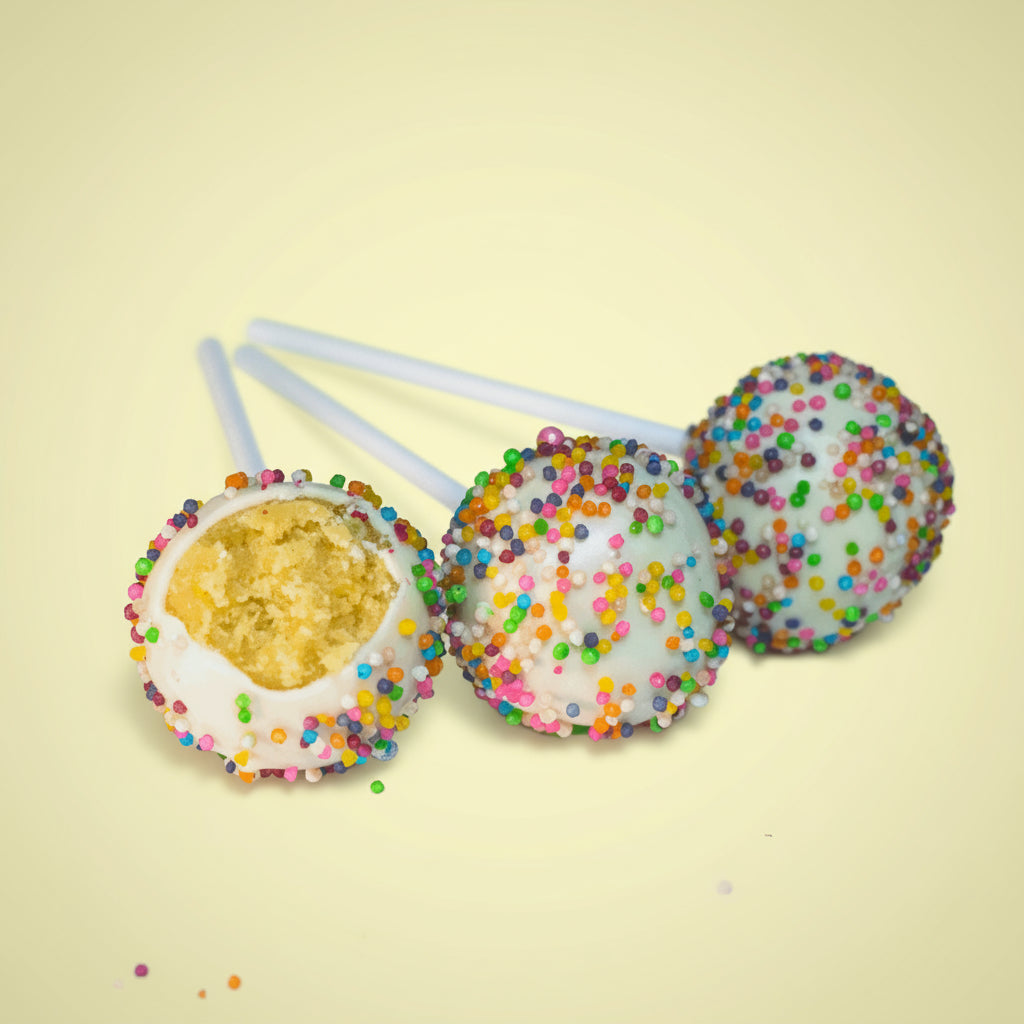Vanilla cake pops with rainbow sprinkles on top. Delicious. Best cake pops. Bangalore. 